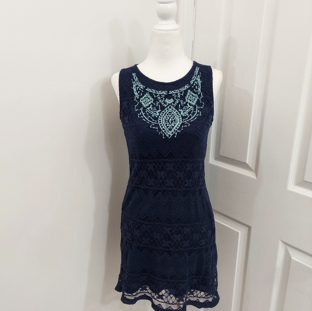 Navy Lace Dress with Aqua Detail